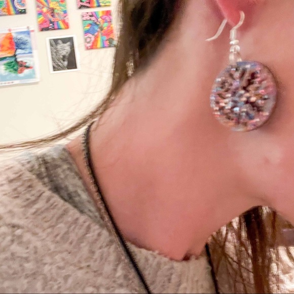 New Artisan & Hand Painted Blue Sparkly Round Snowflake Sterling Silver Earrings - Picture 6 of 7